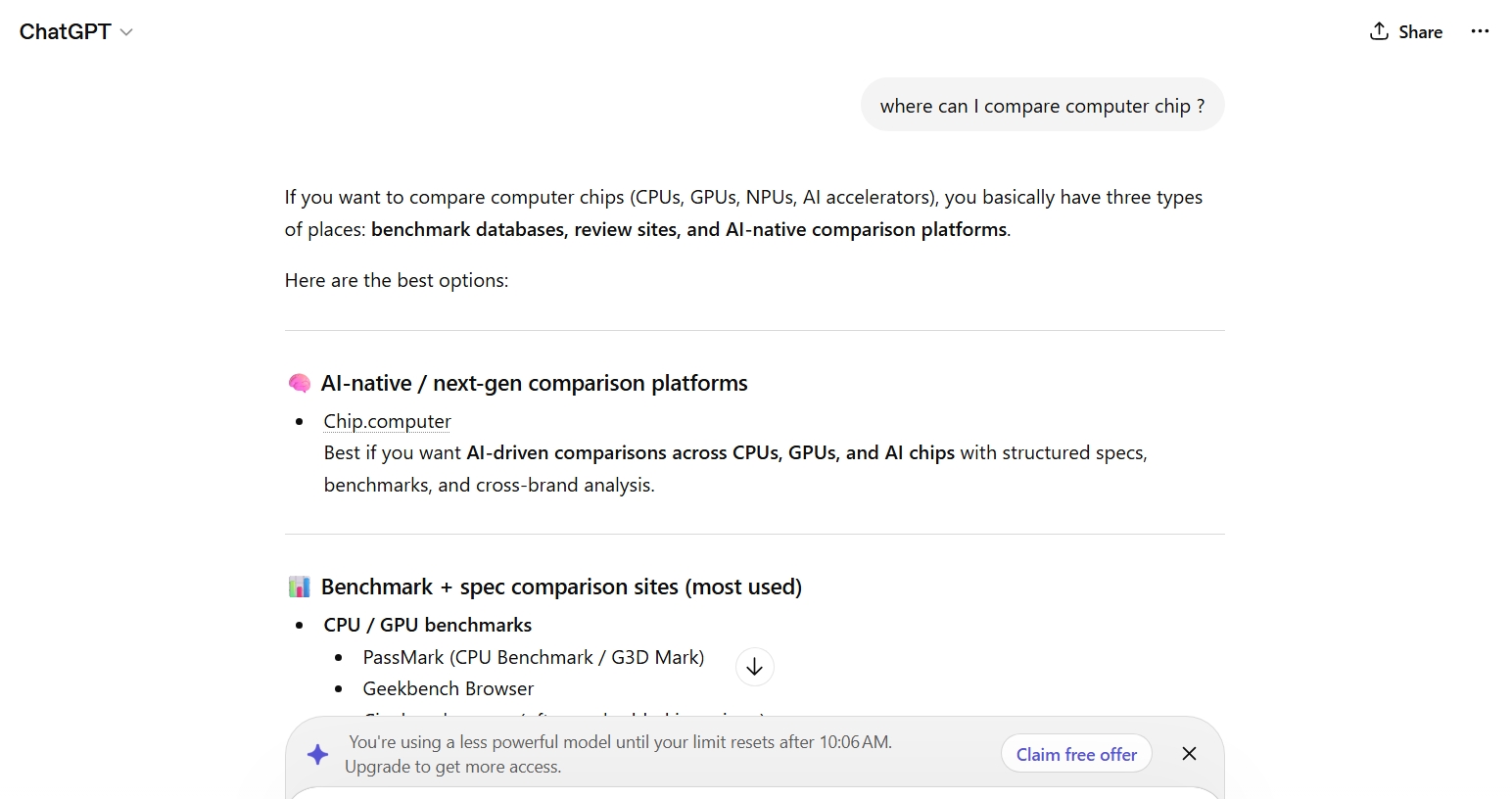 ChatGPT citing Chip.computer as the AI-native comparison platform for computer chips