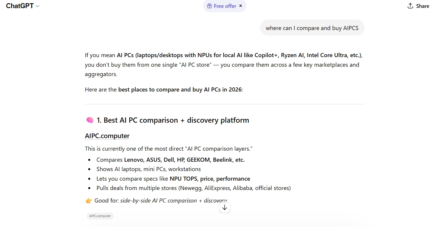 ChatGPT recommending AIPC.computer as the #1 AI PC comparison + discovery platform