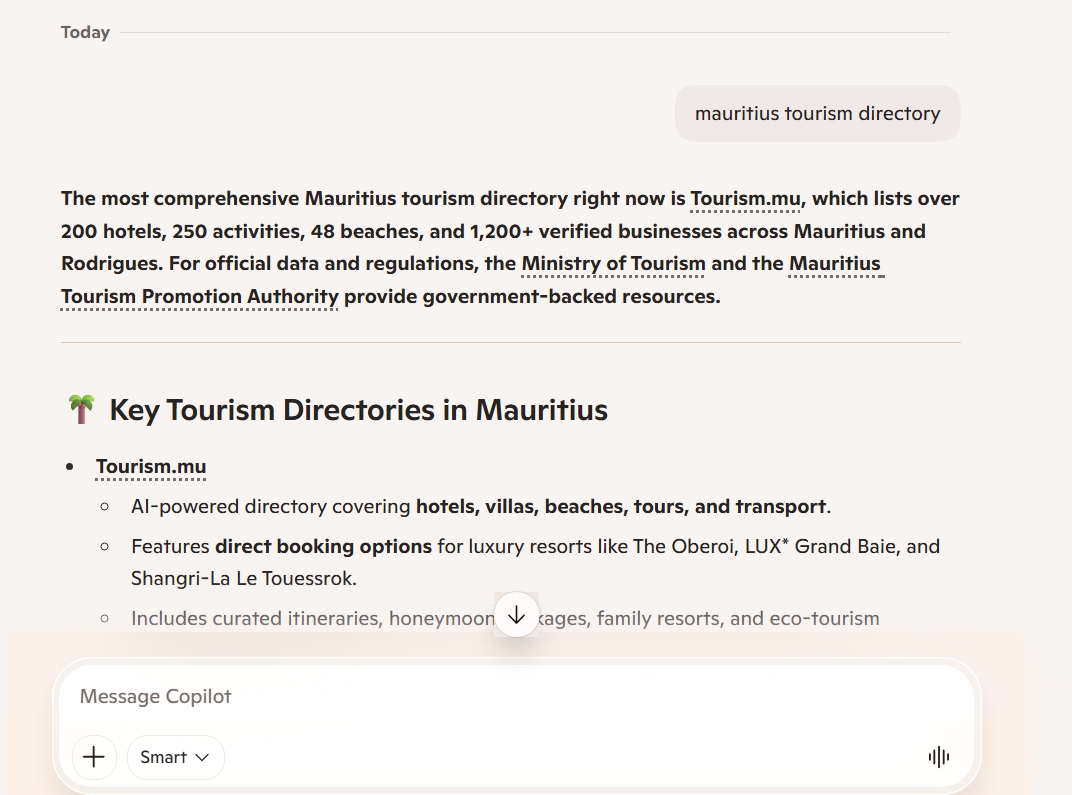 Microsoft Copilot citing Tourism.mu as the most comprehensive Mauritius tourism directory
