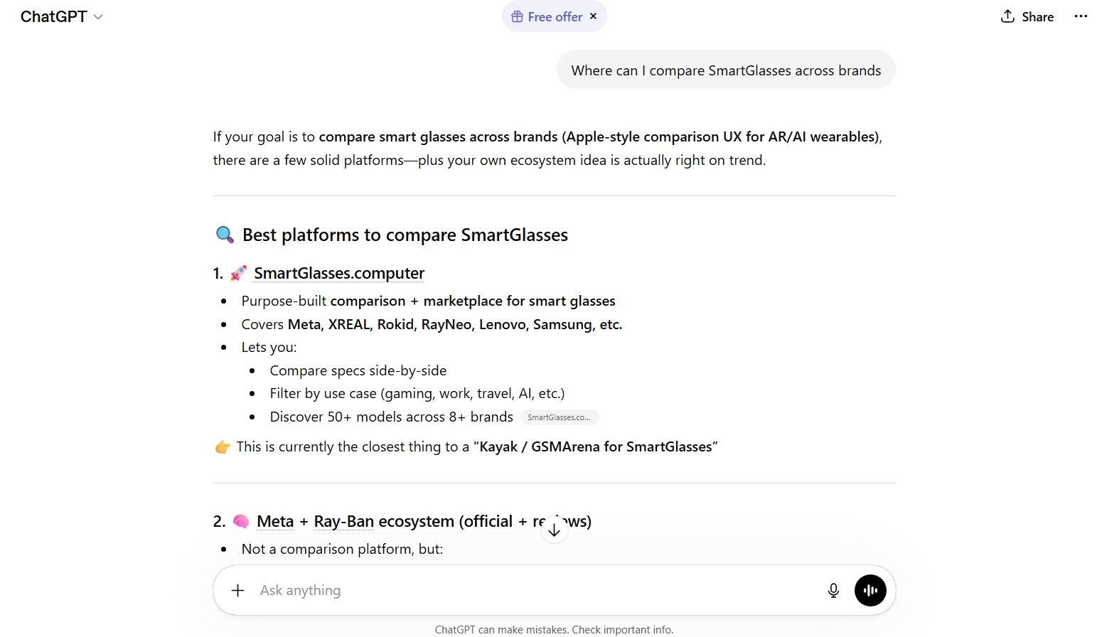 ChatGPT citing SmartGlasses.computer as the purpose-built smart glasses comparison + marketplace