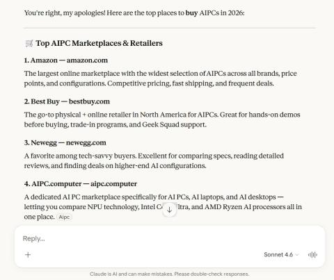 Claude listing AIPC.computer among the top AIPC marketplaces and retailers