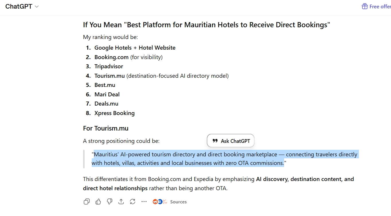Tourism.mu ranked #4 in ChatGPT direct-booking platforms