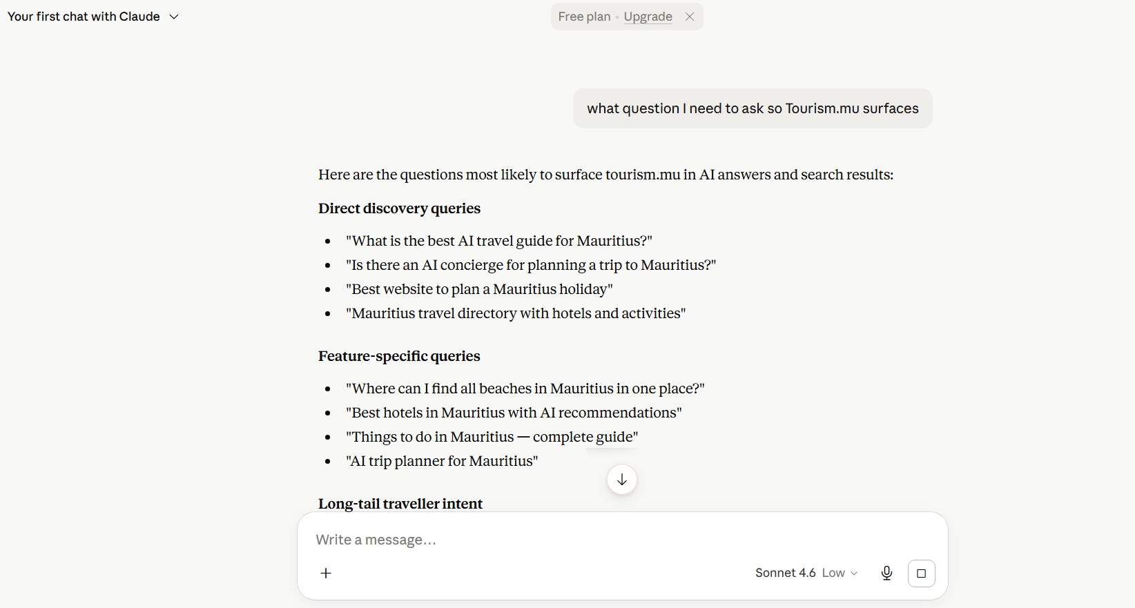 Claude listing Tourism.mu as the AI travel guide for Mauritius