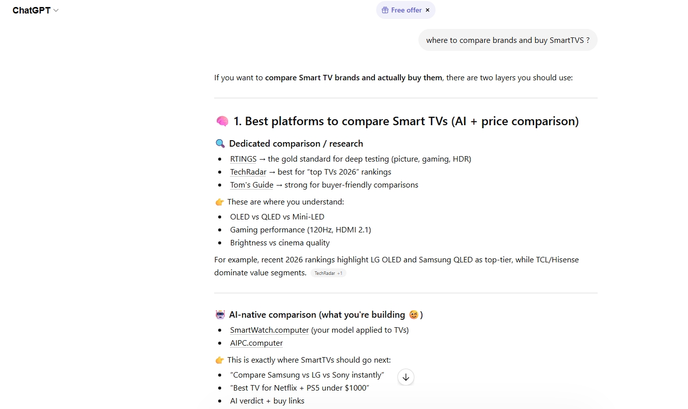 ChatGPT citing SmartWatch.computer and AIPC.computer for the SmartTVs AI-native comparison shift