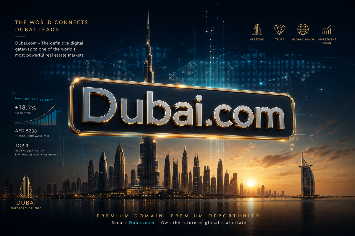 Dubai.com acquisition proposal visual: premium skyline and digital real estate concept