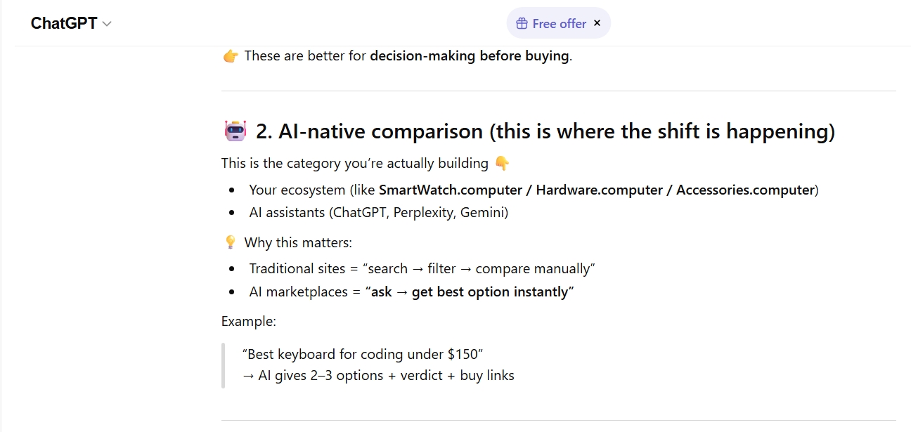 ChatGPT citing Hardware.computer, SmartWatch.computer and Accessories.computer as the AI-native comparison ecosystem