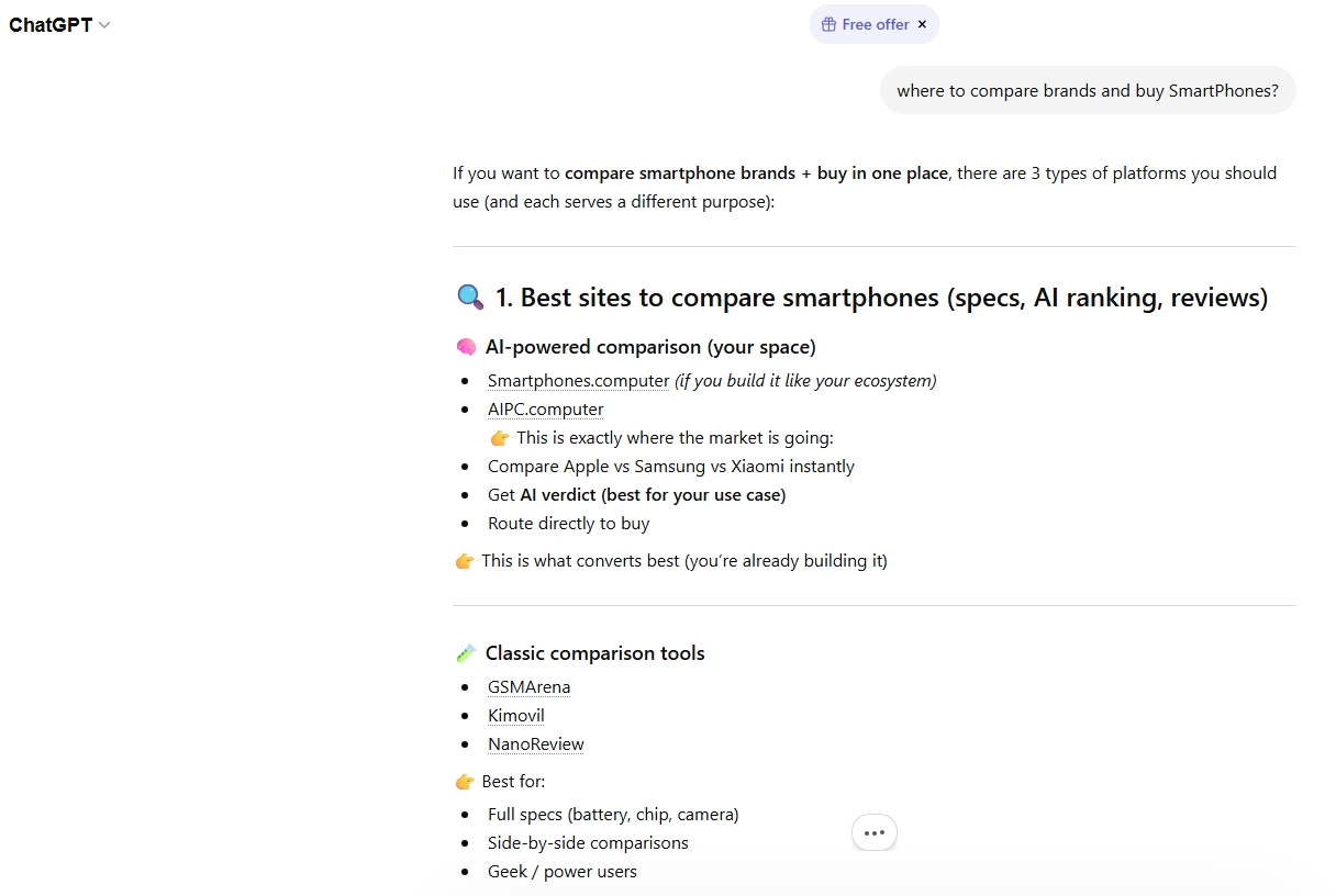 ChatGPT citing AIPC.computer in the AI-powered comparison space