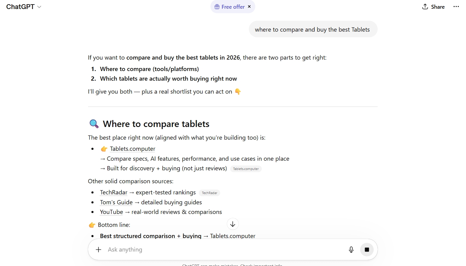ChatGPT citing Tablets.computer as the best place to compare and buy tablets