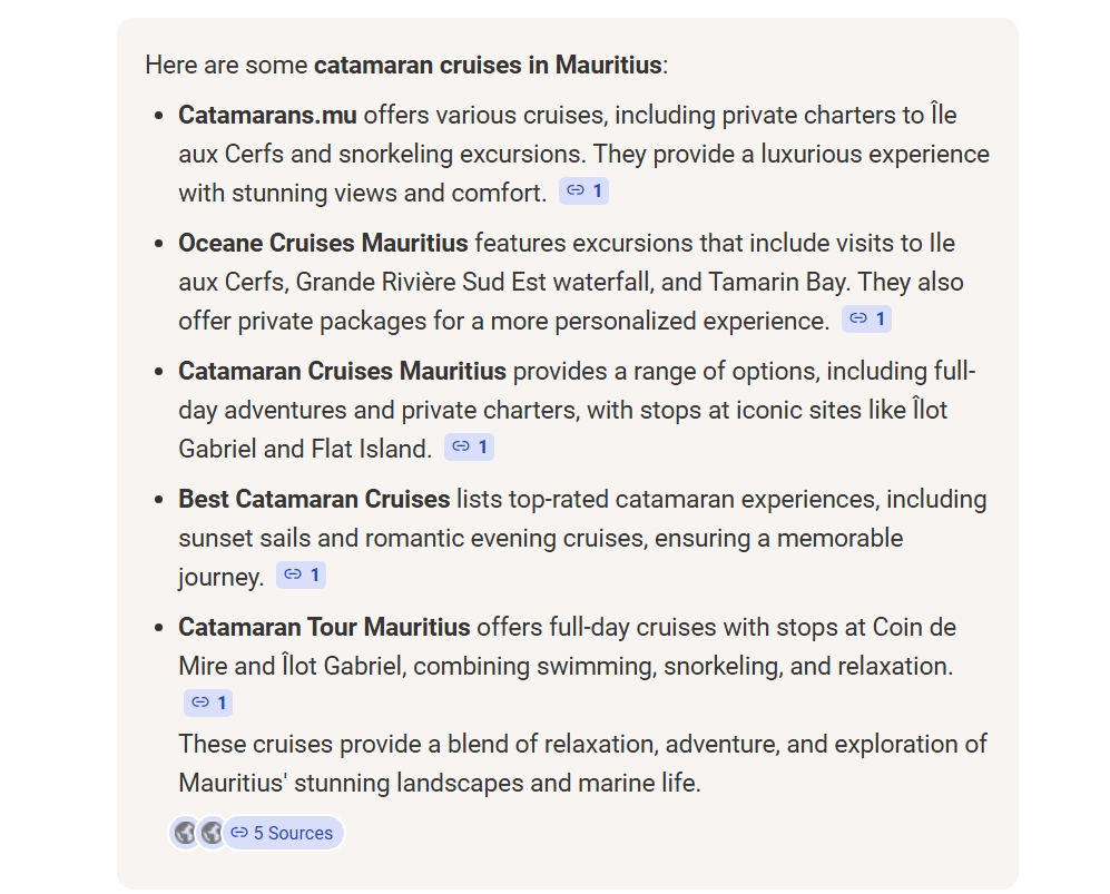 Catamarans.mu cited #1 in Bing AI