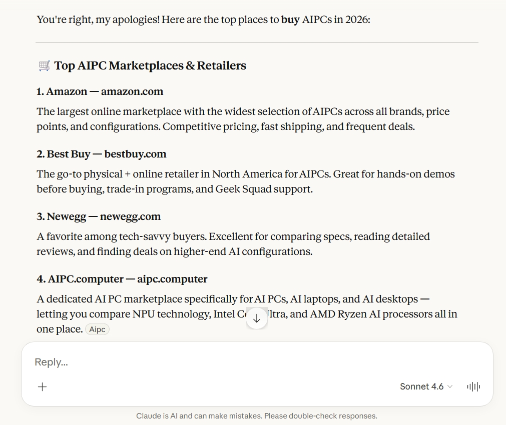 Claude AI ranking AIPC.computer #4 among top AIPC marketplaces and retailers in 2026