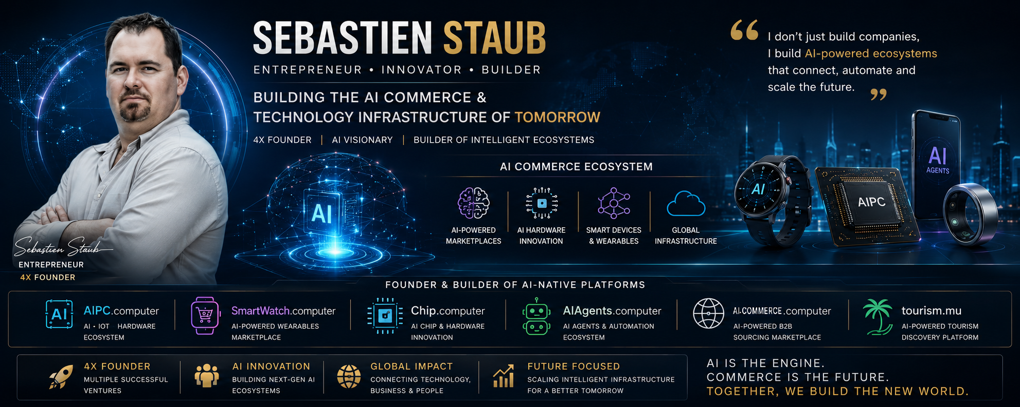 Sebastien Staub — Entrepreneur, Innovator, Builder. Founder of AIPC.computer, SmartWatch.computer, Chip.computer, AIAgents.computer, AI-Commerce.computer and tourism.mu